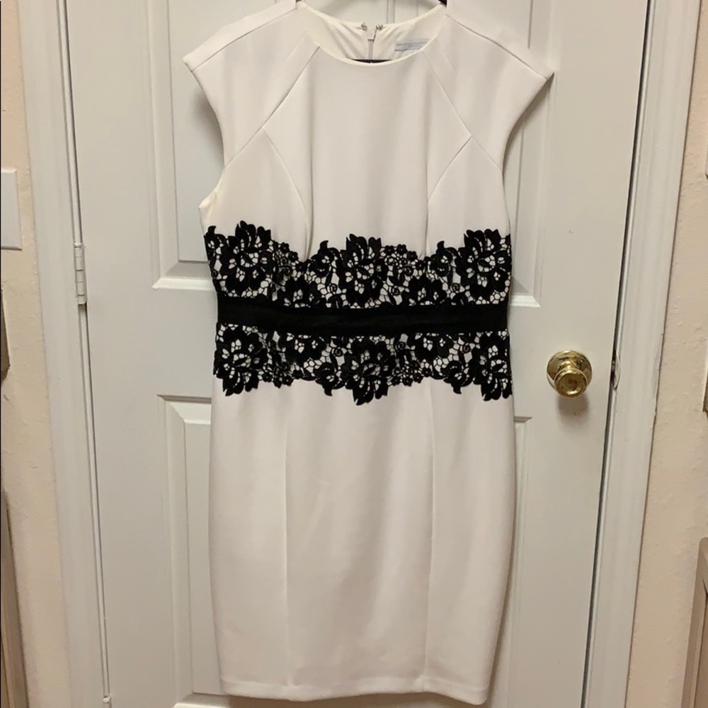 White/black sheath dress, lace empire waist detail
